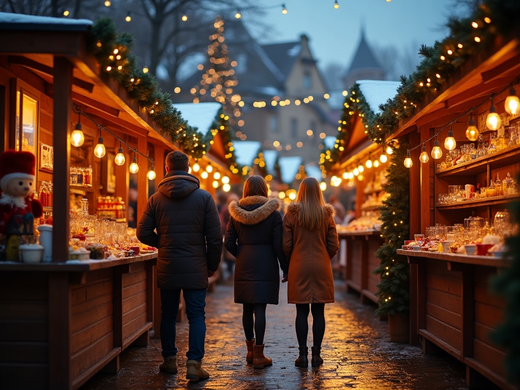 Family browsing a festive Christmas market at dusk