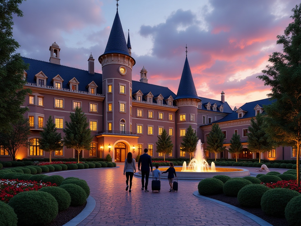 Fairytale-themed resort hotel at dusk with a family walking past