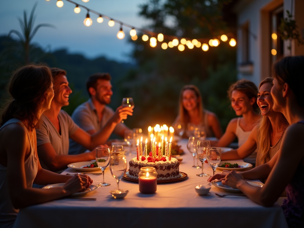 Friends celebrating a birthday around an outdoor dinner table at dusk