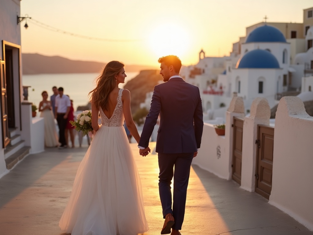 Bride and groom walking through a whitewashed Santorini street at sunset