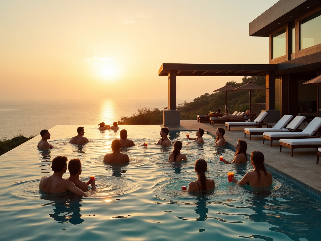 Friends relaxing by an infinity pool at a large villa at golden hour