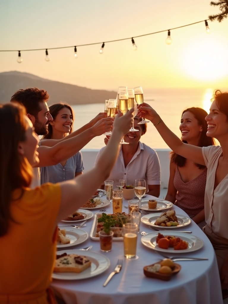 A group of friends toasting with champagne on a sunlit Mediterranean terrace
