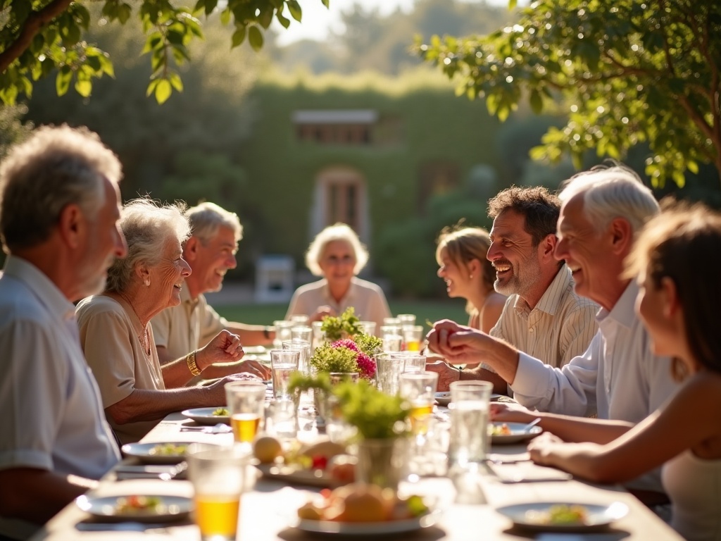 Multi-generational family reunited around a long outdoor lunch table