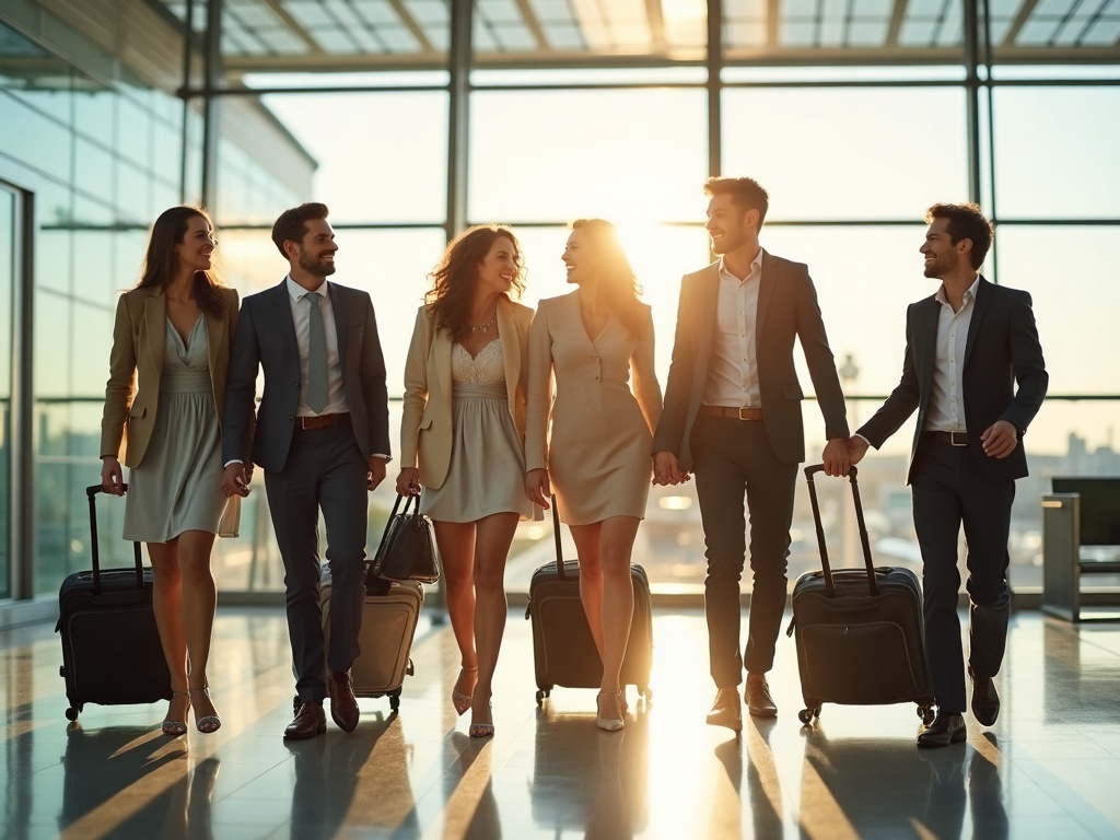 Wedding guests wheeling suitcases through a sunny airport