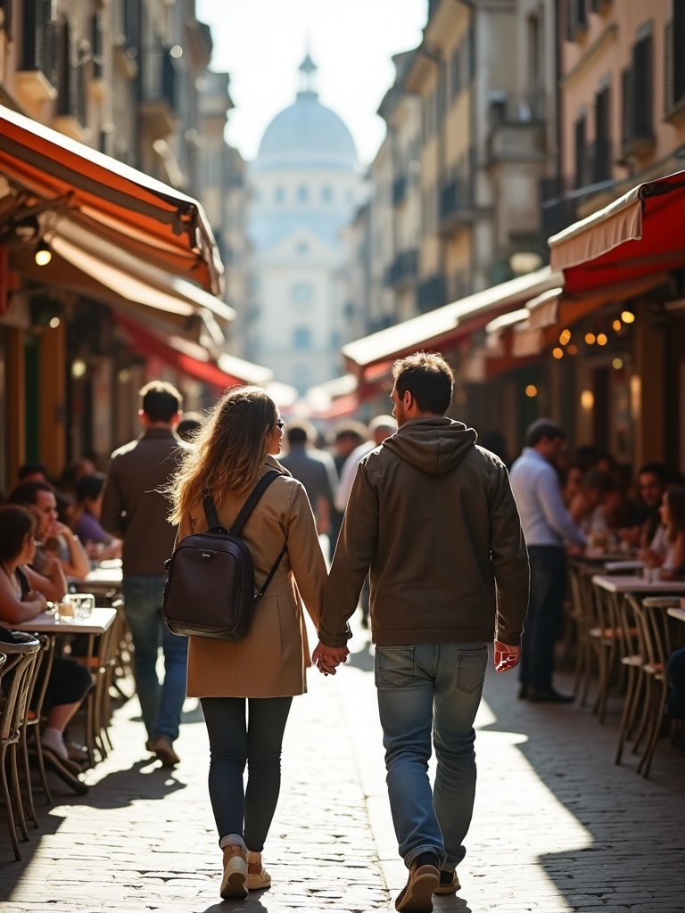 Couple walking through a bustling European city street