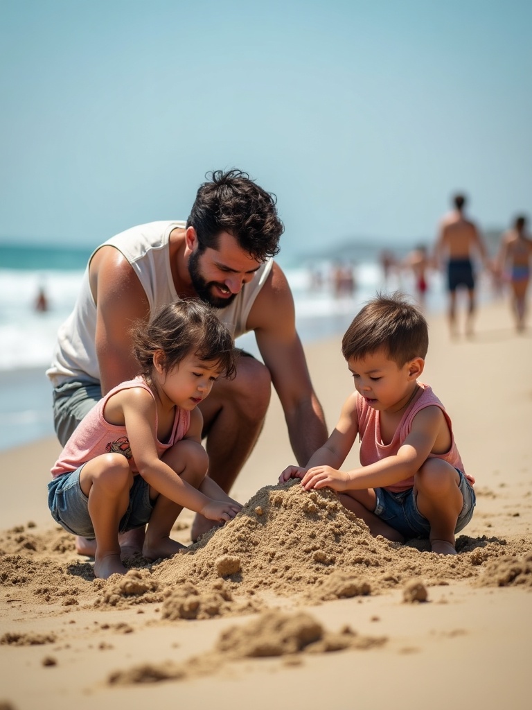 Father and children building a sandcastle on a busy beach