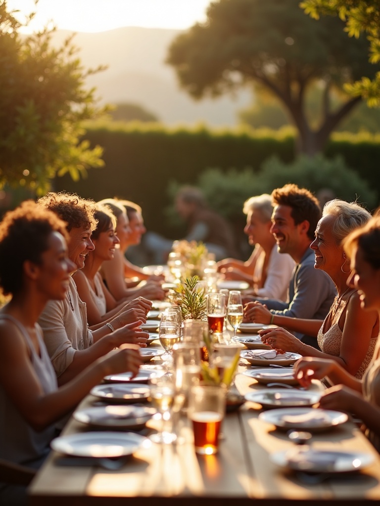 Large group of friends laughing around an outdoor dinner table