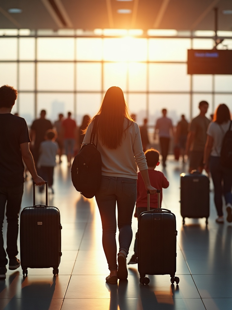 Travellers with luggage walking through a sunlit airport departures hall