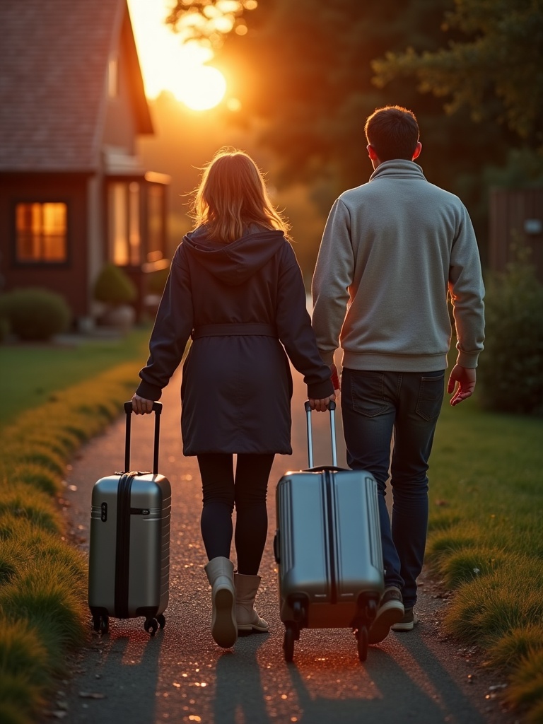 Couple arriving at a cosy countryside inn at dusk